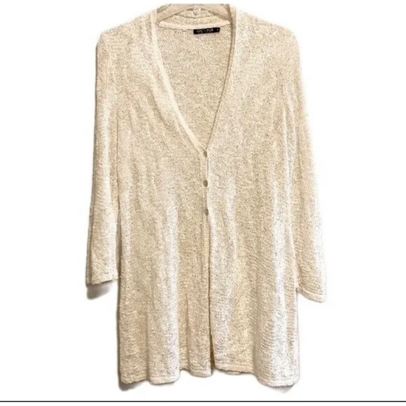 NIC+ZOE Sweaters - Nic + Zoe Sz 1X Cream Silver Sequin Sheer Boulce Open Knit Sweater Cardigan